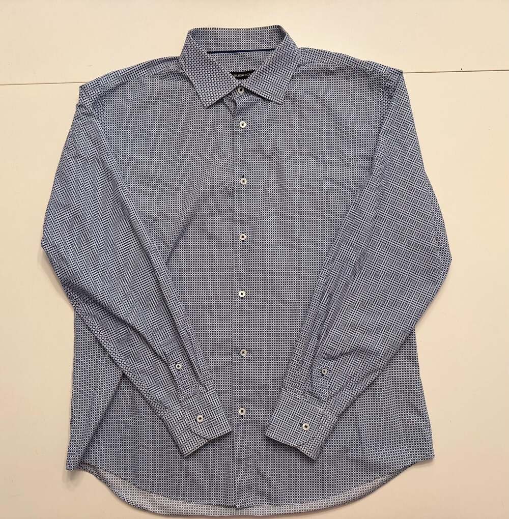 Bugatchi Shaped Fit Blue and White Small Check Long Sleeve Button-Down Shirt